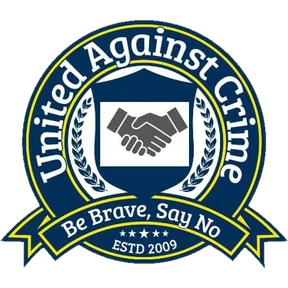 The United Against Crime seal: a handshake inside a shield, with the motto Be Brave, Say No